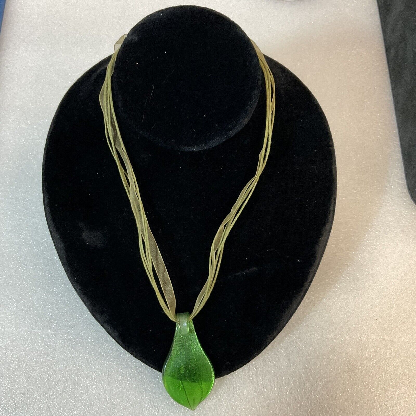 Green Glass Pendant 16 Ribbon Necklace Lobster Clasp Gnufashion